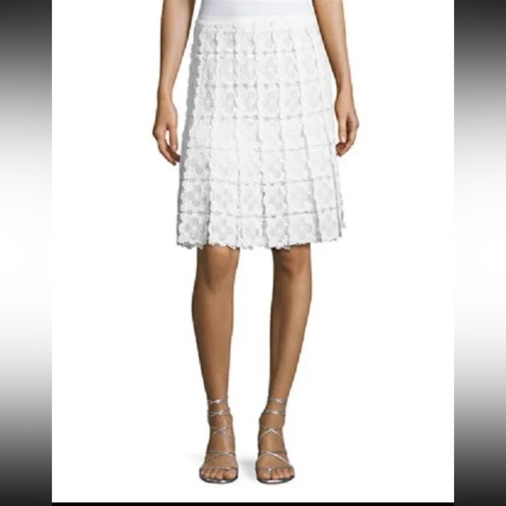 Elie Tahari Tyler Lace panels white skirt spring floral‎ embroidered fringe hem